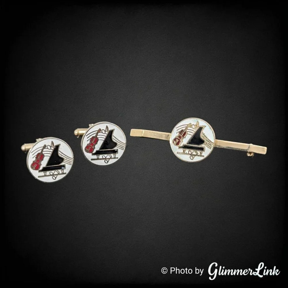 Vintage Music Themed Cello Piano Enamel Cufflinks & Bar Brooch Set